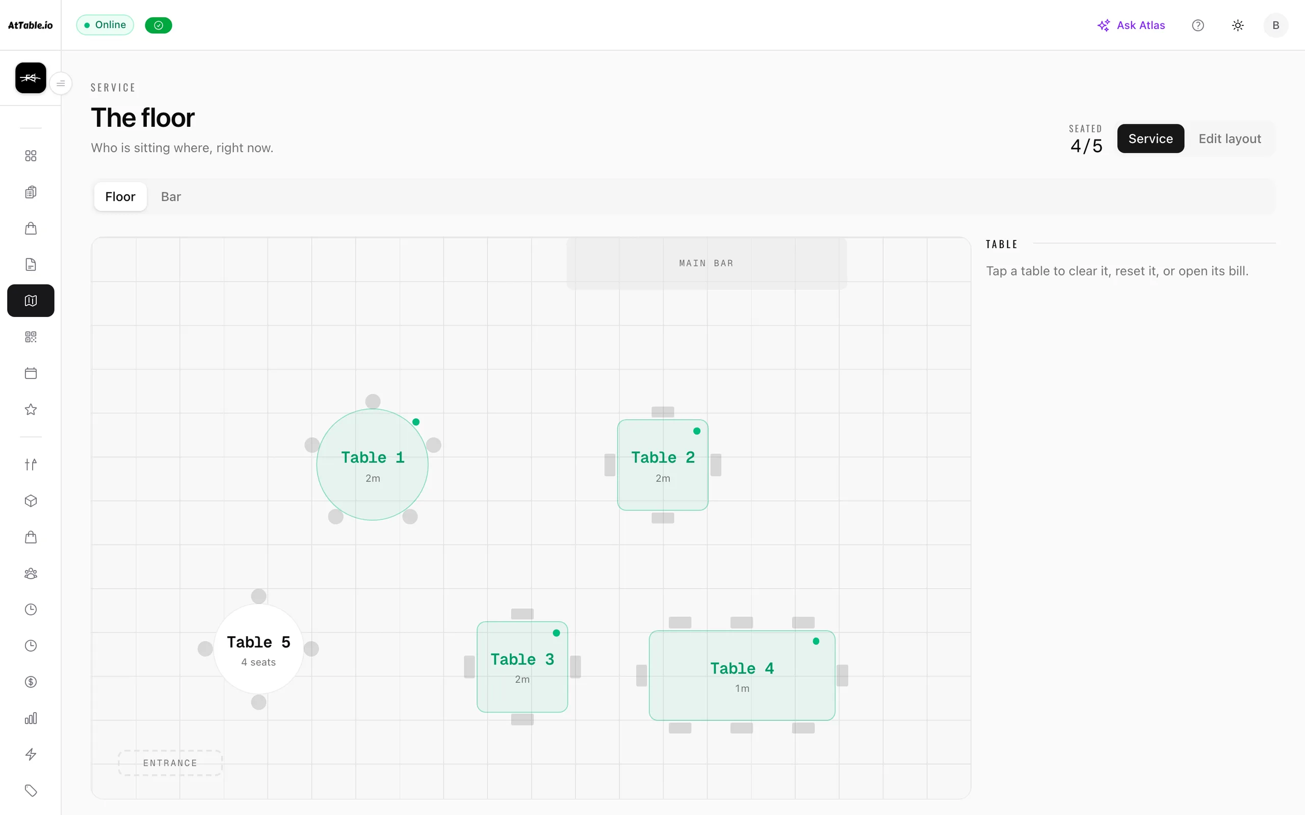 The floor plan: the room drawn to its real layout with each table shown free, seated, waiting on a bill or needing clearing