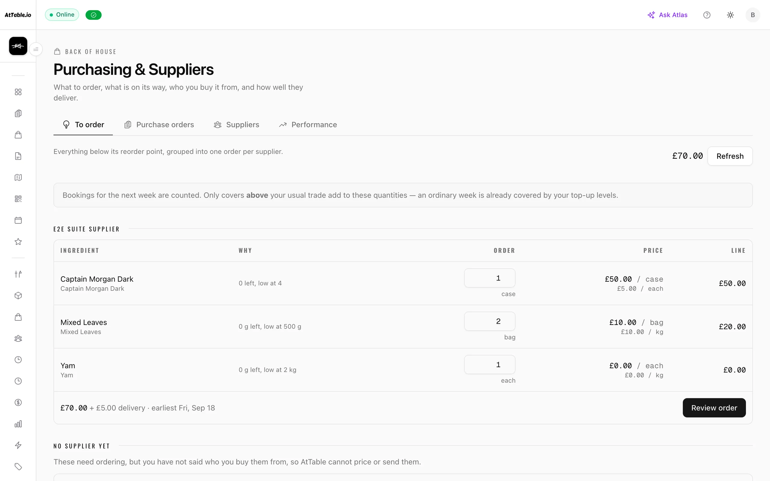 The shopping list: every ingredient below its reorder point, grouped into one order per supplier, priced and ready to review