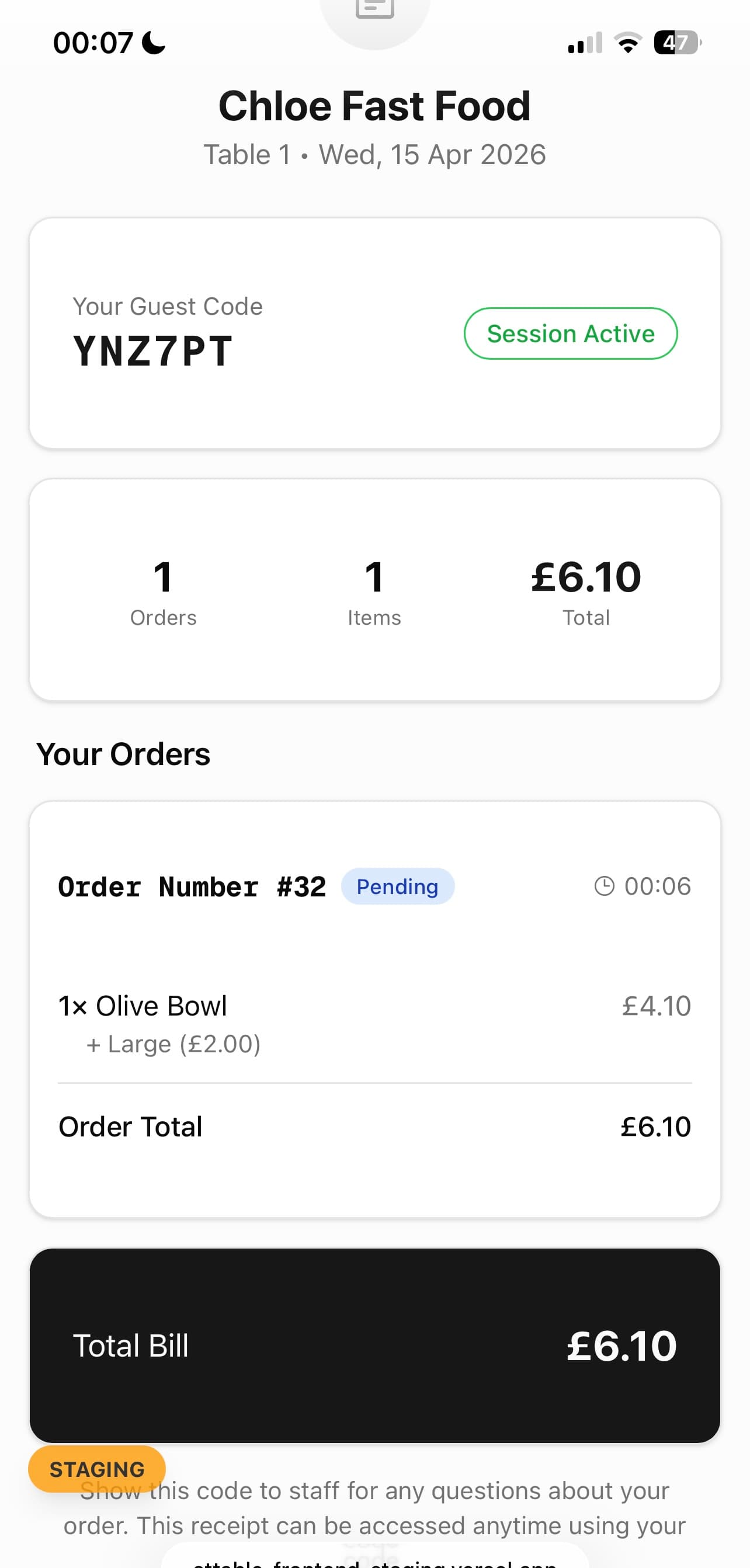 A guest phone showing the bill with the guest code and running total