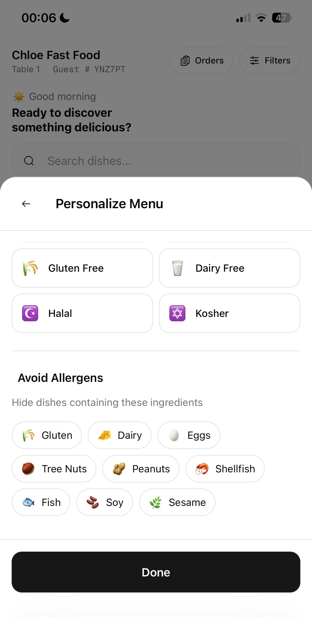 A guest phone showing dietary and allergen filters