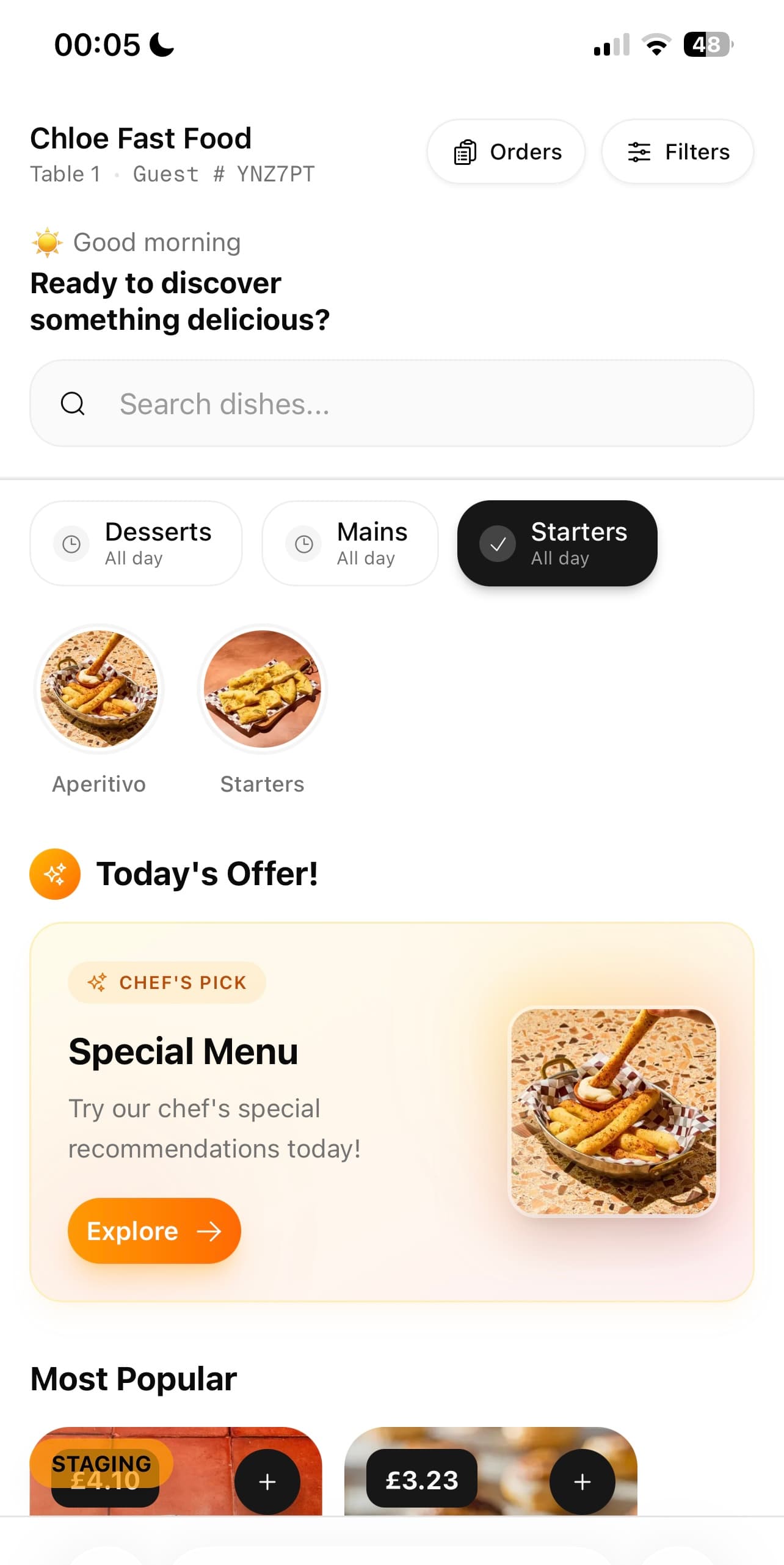 A guest phone showing the menu home screen with categories and offers