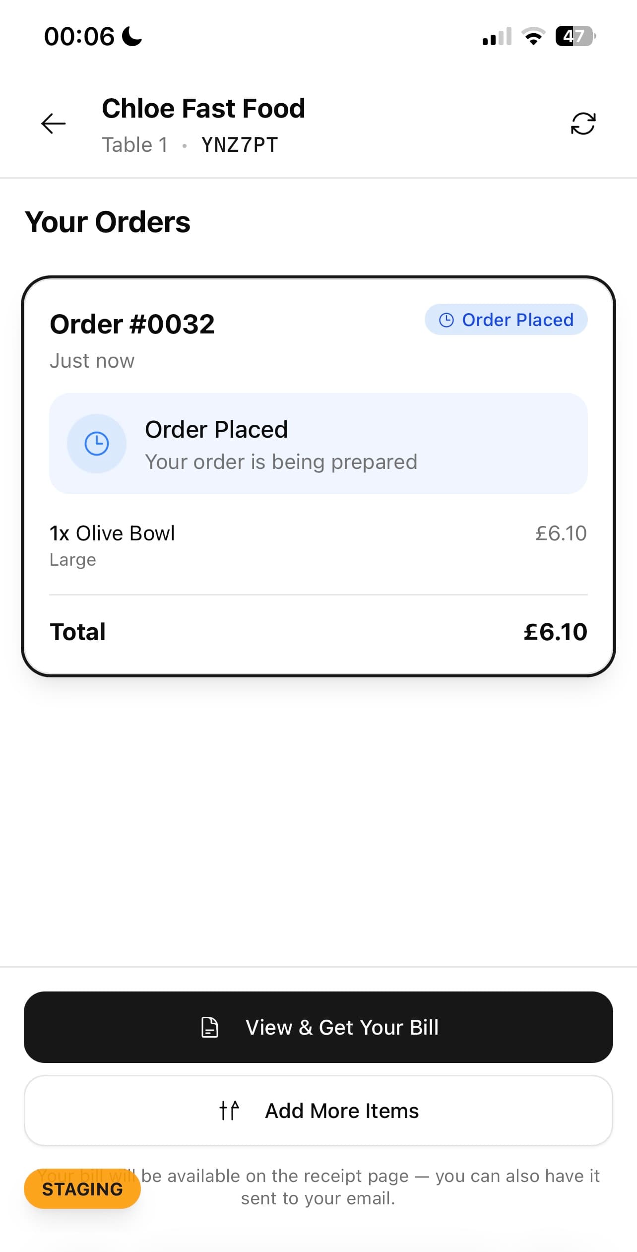 A guest phone showing a placed order and its running total